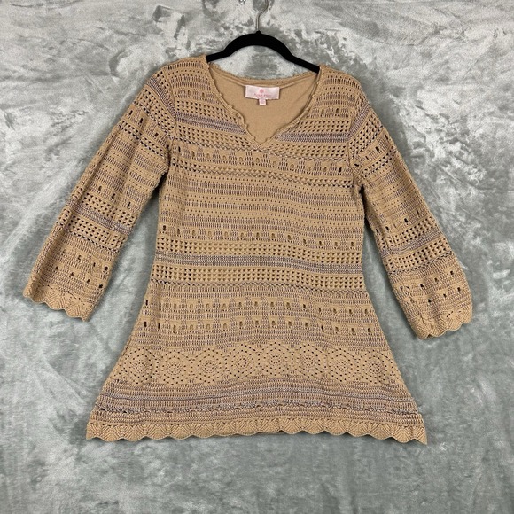 Laurie Felt Tops - Laurie Felt Tunic Top Women's XS Camel Tan Brown Crochet Open Knit Lined